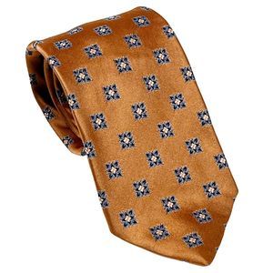 Vtg Robert Talbott Necktie Golden Peach w Small Blue Floral Squares 100% Silk